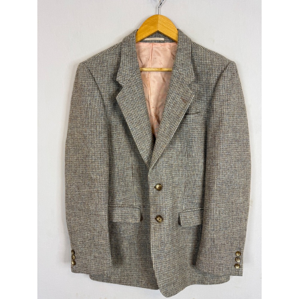 Vintage Sears Harris Tweed Grey Brown Wool Blazer Sport Coat Mens 38 Hand Woven